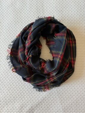 Aldo Navy Plaid Fringed Wrap Scarf with Red and Yellow Accents